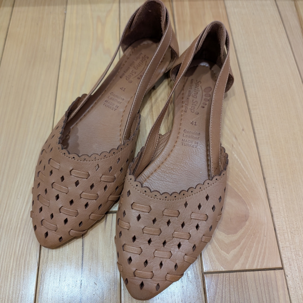 Spring Step Tan Cutout Leather Flats